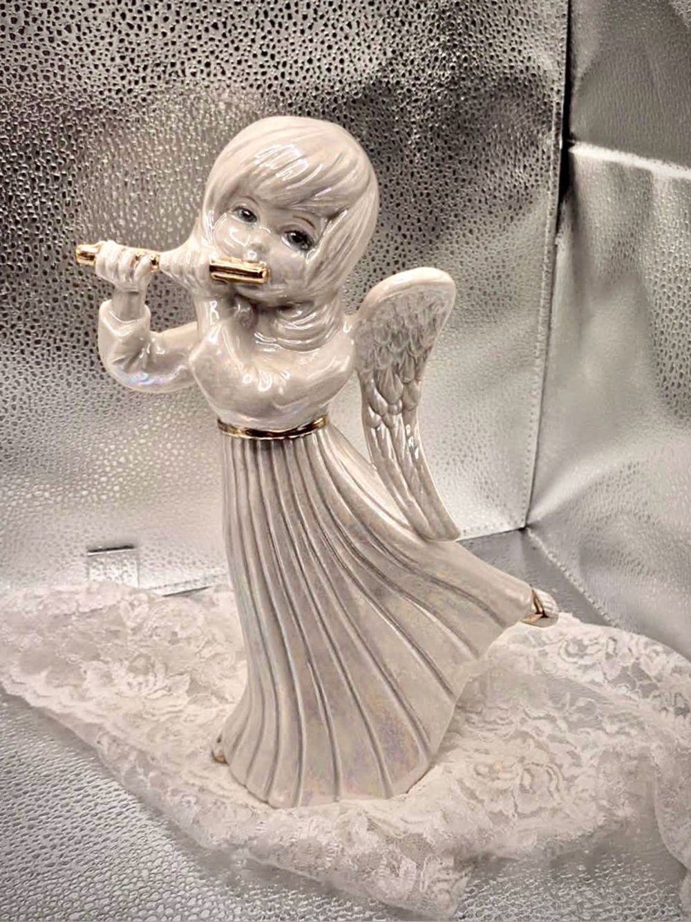 Vintage Luster Angel Statue - White Lusterware Figurine 1970s Atlantic Mold